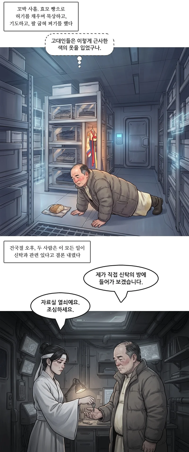 자막: 꼬박 사흘. 효모 빵으로 허기를 채우며 묵상하고, 기도하고, 팔 굽혀 펴기를 했다. 벤(속마음): ‘고대인들은 이렇게 근사한 색의 옷을 입었구나.’ 자막: 건국절 오후, 두 사람은 이 모든 일이 신탁과 관련 있다고 결론 내렸다. 벤: “제가 직접 신탁의 방에 들어가 보겠습니다.” 수잔: “자료실 열쇠예요. 조심하세요.”