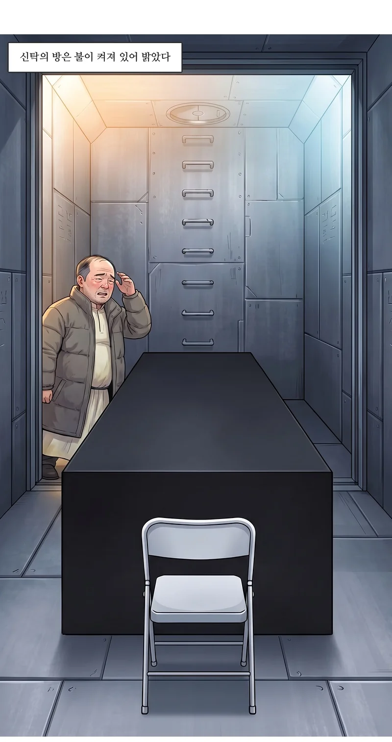 자막: 신탁의 방은 불이 켜져 있어 밝았다.