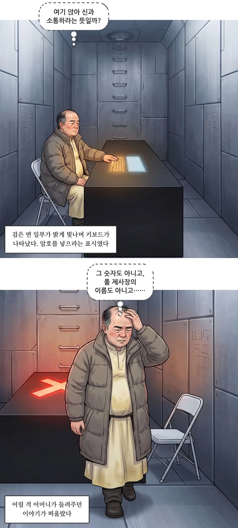벤(속마음): ‘여기 앉아 신과 소통하라는 뜻일까?’ 자막: 검은 면 일부가 밝게 빛나며 키보드가 나타났다. 암호를 넣으라는 표시였다. 벤(속마음): ‘그 숫자도 아니고, 폴 제사장의 이름도 아니고……’ 자막: 어릴 적 어머니가 들려주던 이야기가 떠올랐다.