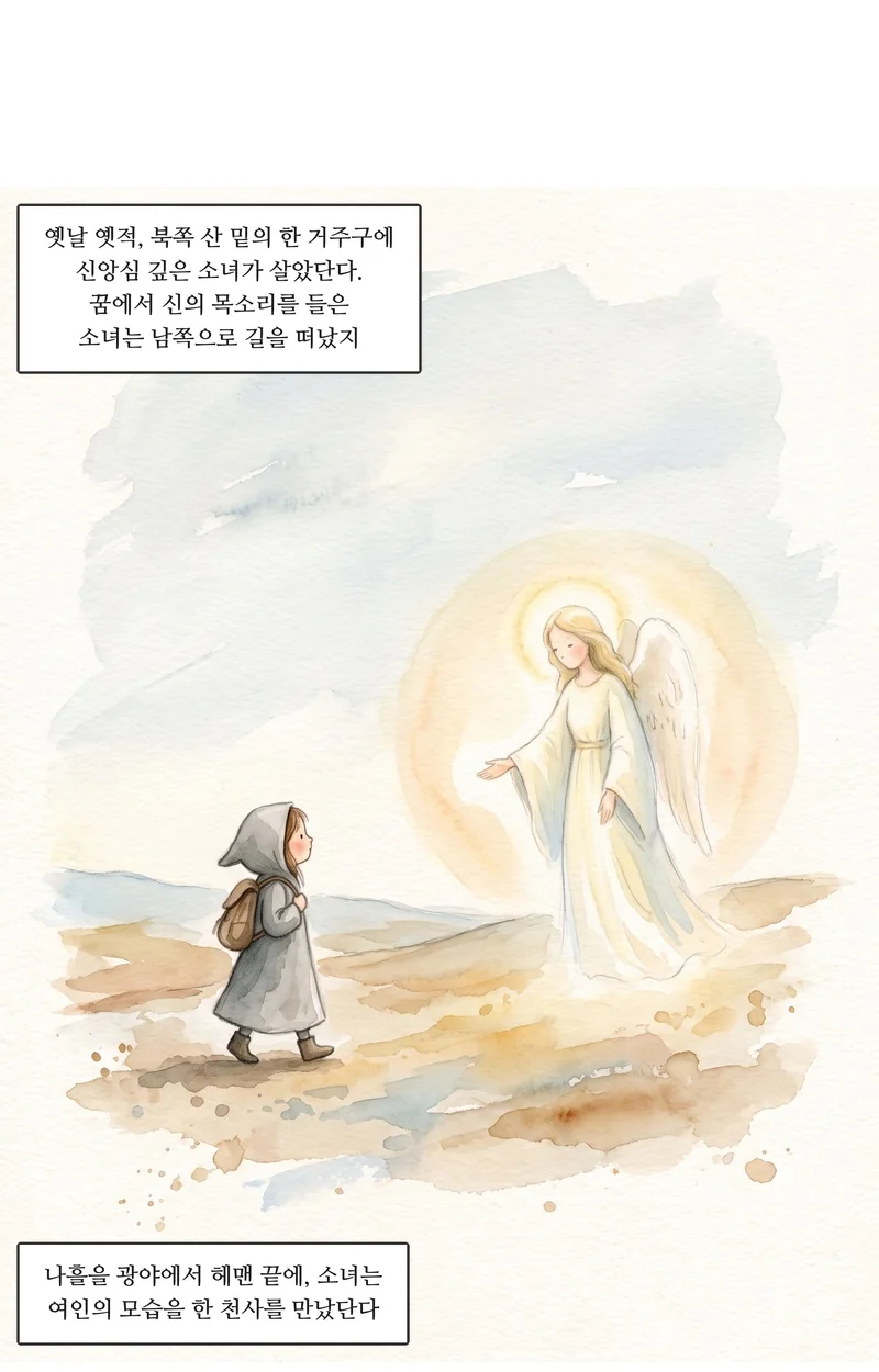 자막: 옛날 옛적, 북쪽 산 밑의 한 거주구에 신앙심 깊은 소녀가 살았단다. 꿈에서 신의 목소리를 들은 소녀는 남쪽으로 길을 떠났지. 자막: 나흘을 광야에서 헤맨 끝에, 소녀는 여인의 모습을 한 천사를 만났단다.