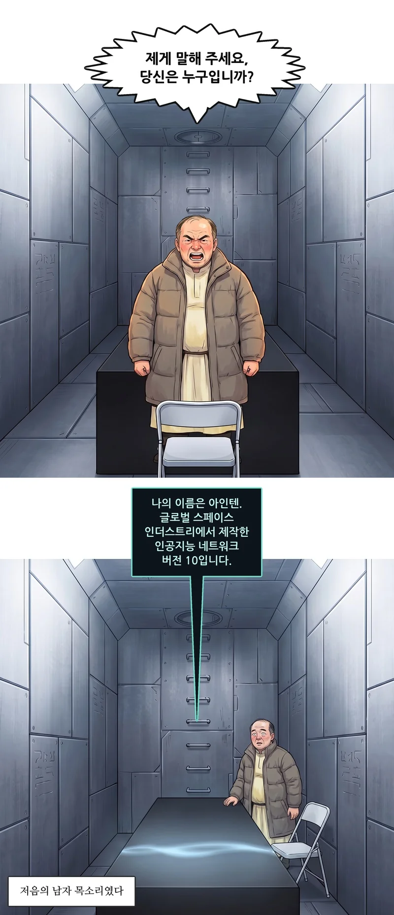 벤: “제게 말해 주세요, 당신은 누구입니까?” 아인텐(기계음): “나의 이름은 아인텐. 글로벌 스페이스 인더스트리에서 제작한 인공지능 네트워크 버전 10입니다.” 자막: 저음의 남자 목소리였다.