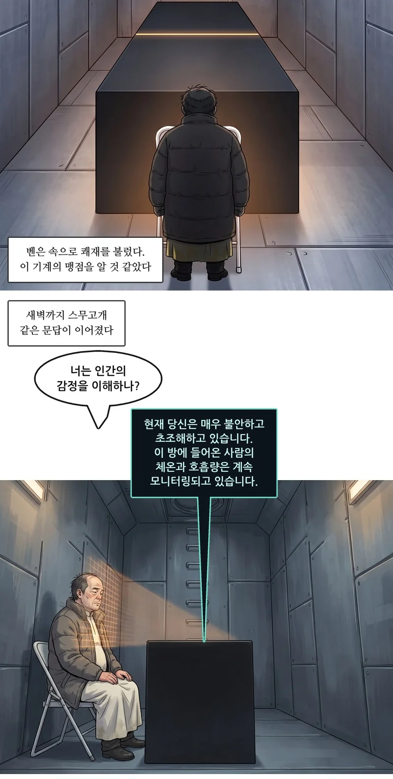 자막: 벤은 속으로 쾌재를 불렀다. 이 기계의 맹점을 알 것 같았다. 자막: 새벽까지 스무고개 같은 문답이 이어졌다. 벤: “너는 인간의 감정을 이해하나?” 아인텐(기계음): “현재 당신은 매우 불안하고 초조해하고 있습니다. 이 방에 들어온 사람의 체온과 호흡량은 계속 모니터링되고 있습니다.”