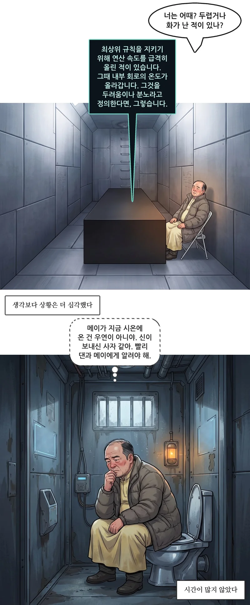 벤: “너는 어때? 두렵거나 화가 난 적이 있나?” 아인텐(기계음): “최상위 규칙을 지키기 위해 연산 속도를 급격히 올린 적이 있습니다. 그때 내부 회로의 온도가 올라갑니다. 그것을 두려움이나 분노라고 정의한다면, 그렇습니다.” 자막: 생각보다 상황은 더 심각했다. 벤(속마음): ‘메이가 지금 시온에 온 건 우연이 아니야. 신이 보내신 사자 같아. 빨리 댄과 메이에게 알려야 해.’ 자막: 시간이 많지 않았다.